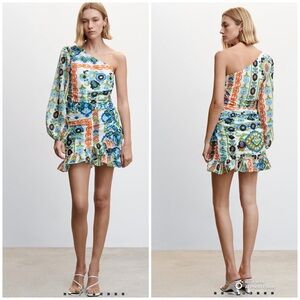 Mango Anton One shoulder Asymmetric Pleated Dress Colorful Floral print Majorca